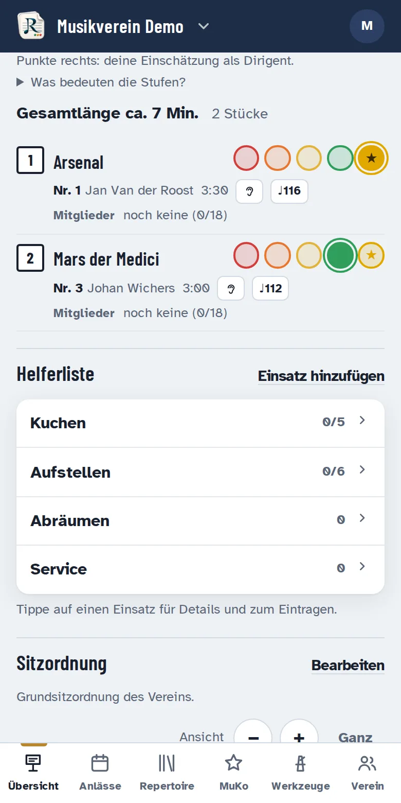 Konzertprogramm mit Einschätzung pro Stück und Helferliste