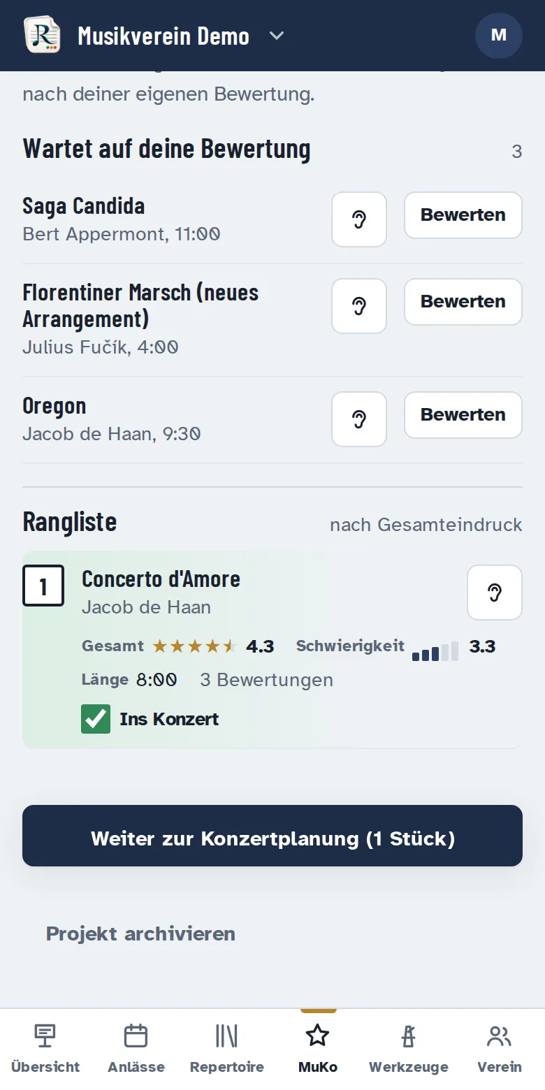 Musikkommission: Vorschläge zum Bewerten und Rangliste