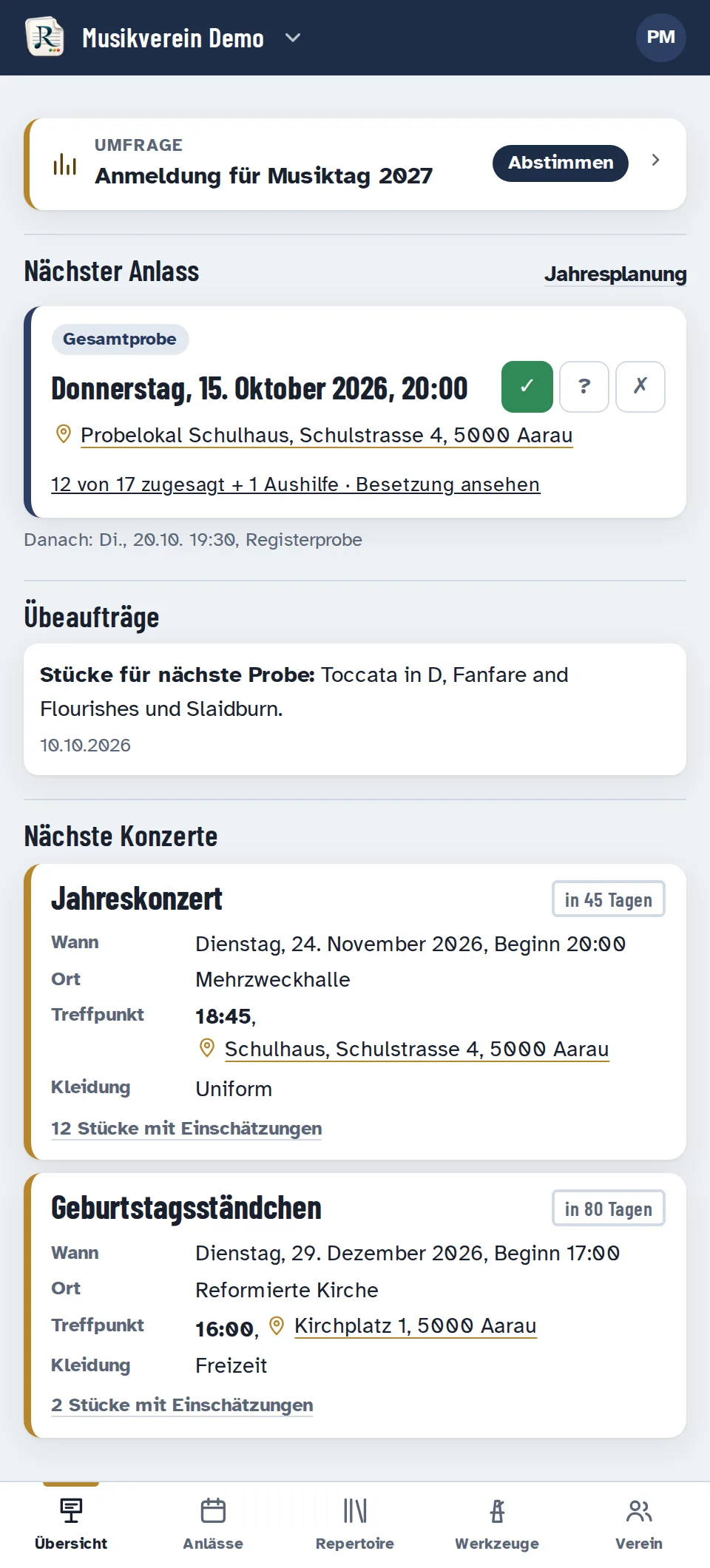 Übersicht in der App: offene Umfragen, Proben ohne Antwort, nächster Anlass mit Zu- und Absage, Übeaufträge